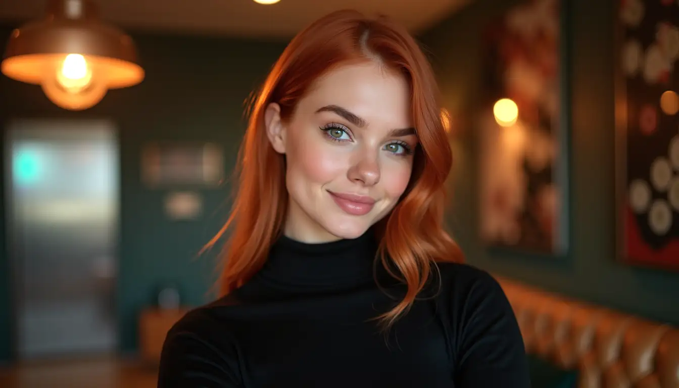 Redhead woman comparing bonus and wagering terms in a stylish Yabby casino online review scene